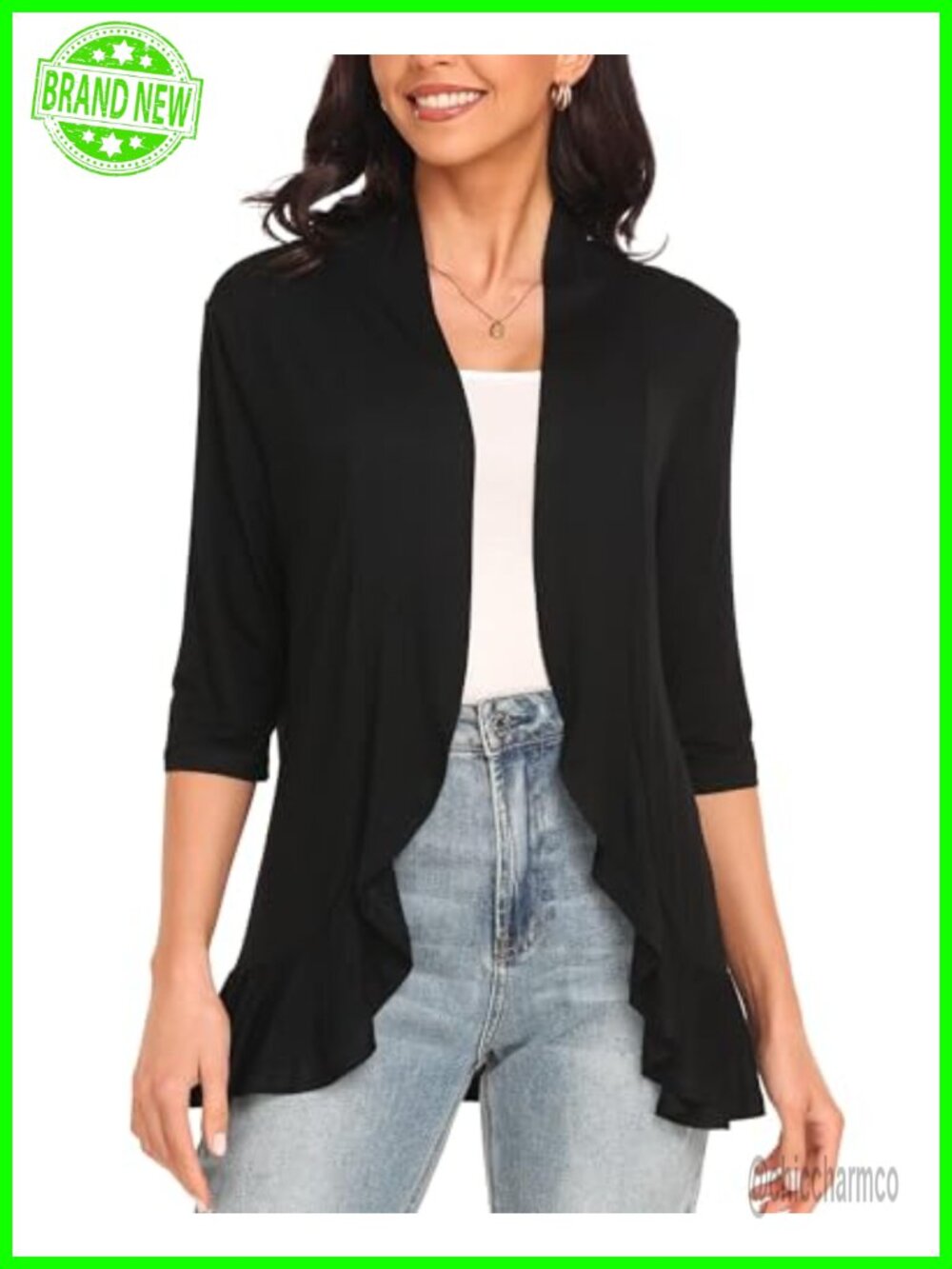Womens Lightweight Open Front Cardigan 3/4 Sleeve Ruffled Casual Sweater